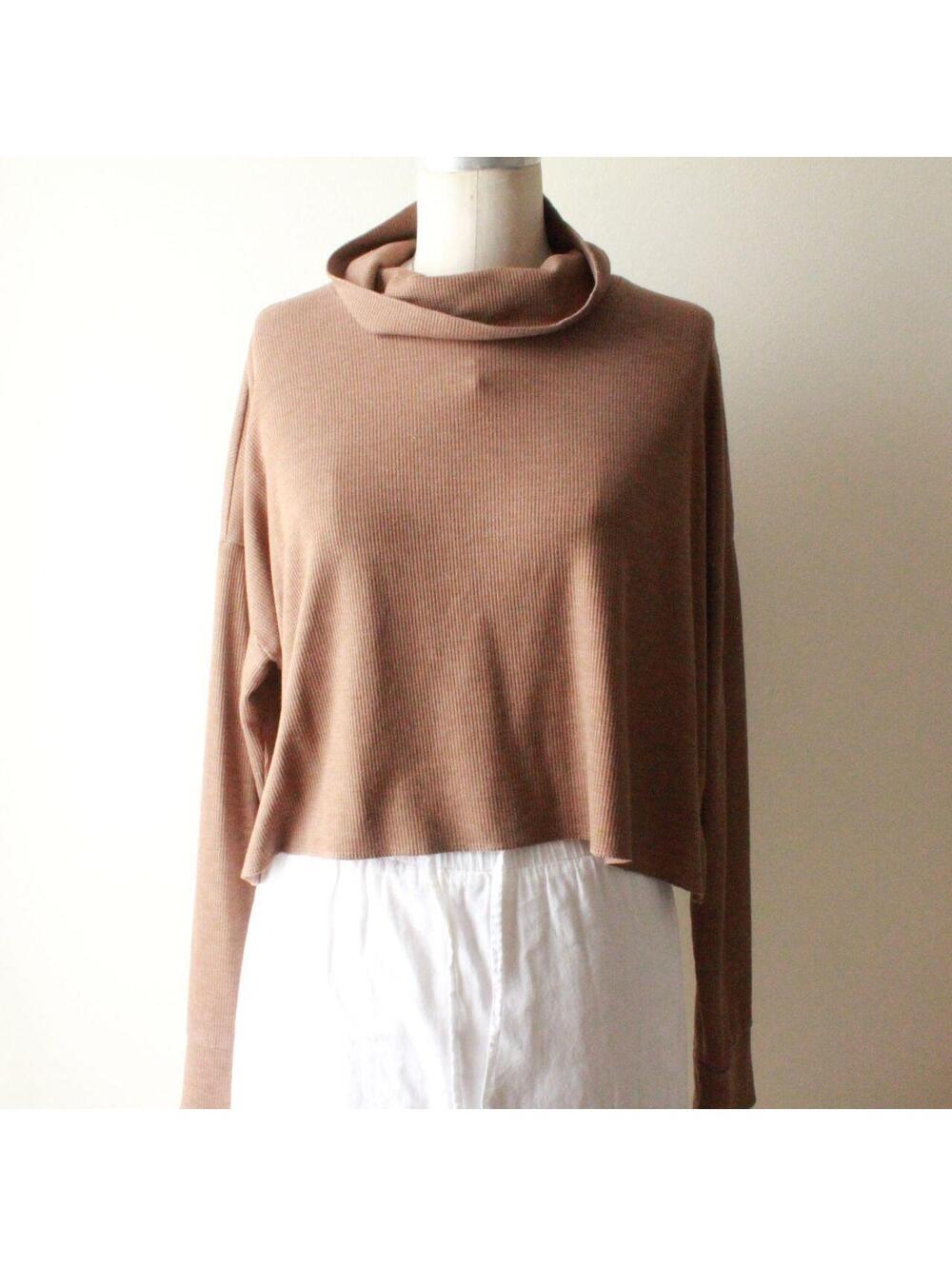 American Eagle Brown Ribbed Turtleneck Long Sleeve Top, Cropped Relaxed Fit, Sz